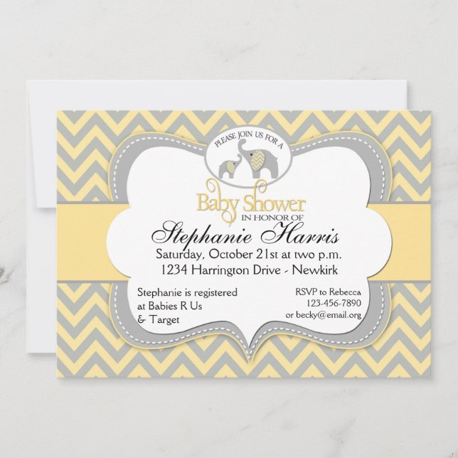 Elephant Baby Shower in Chevron Yellow and Grey Invitation (Front)