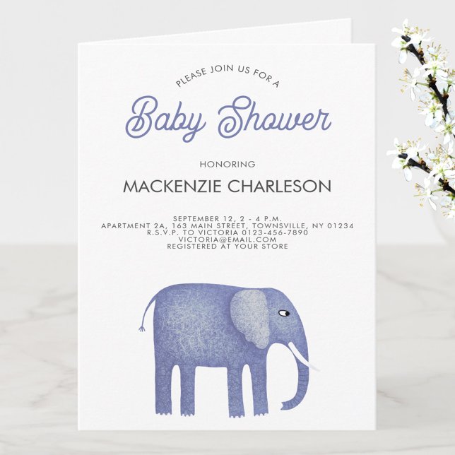 Elephant Baby Shower Invitation (Blue elephant baby shower invitation folded card)