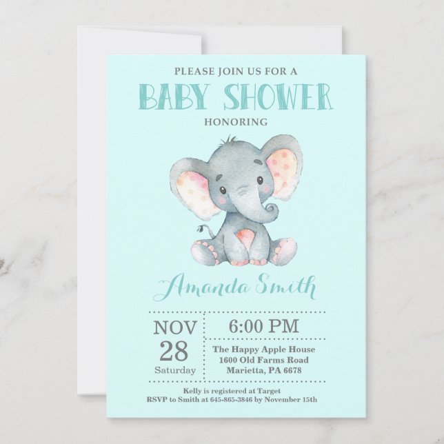 Elephant Baby Shower Invitation Aqua and Grey (Front)