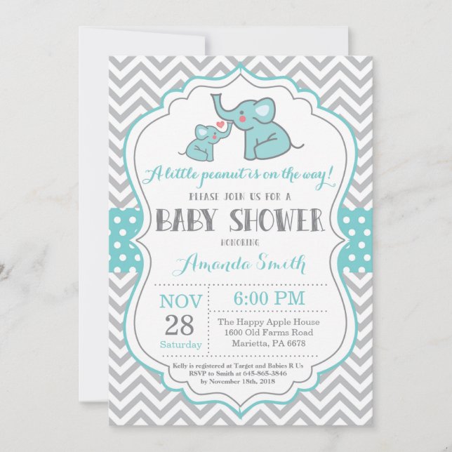 Elephant Baby Shower Invitation Aqua and Grey (Front)
