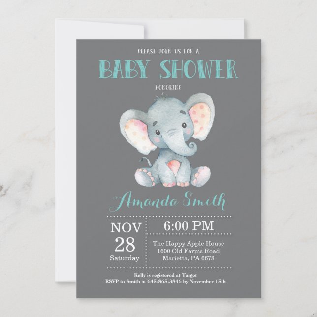 Elephant Baby Shower Invitation Aqua and Grey (Front)