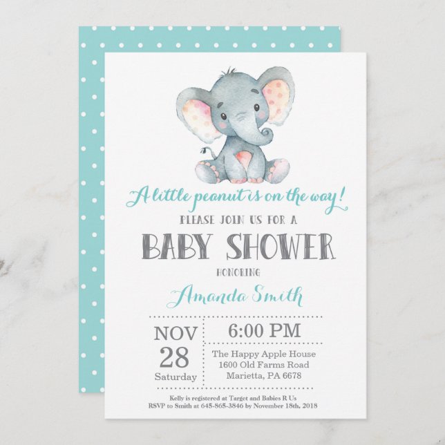 Elephant Baby Shower Invitation Aqua and Grey (Front/Back)