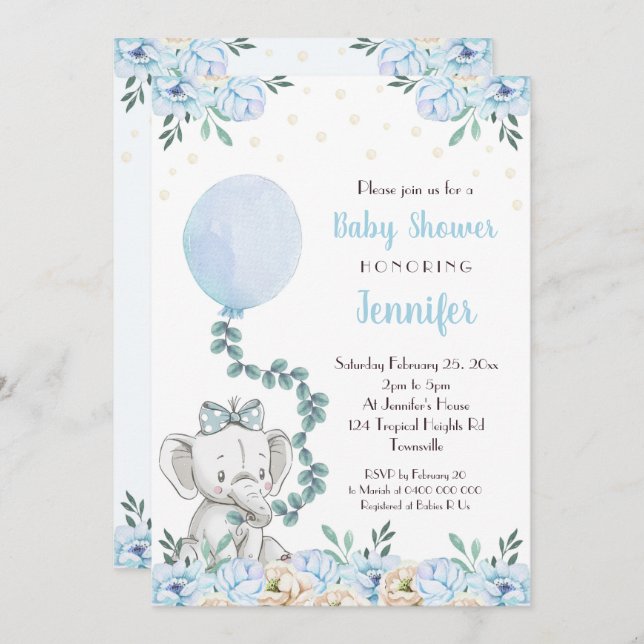 Elephant Baby Shower Invitation Balloons Blue Baby (Front/Back)