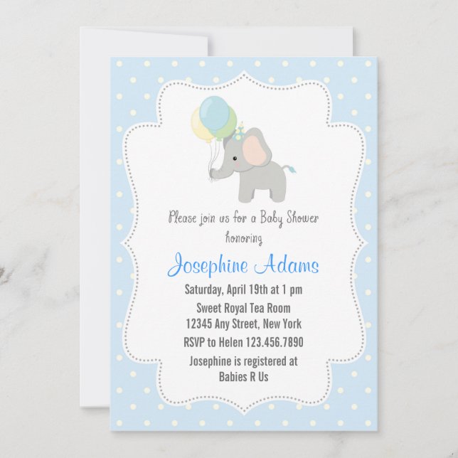 Elephant Baby Shower Invitation Blue (Front)