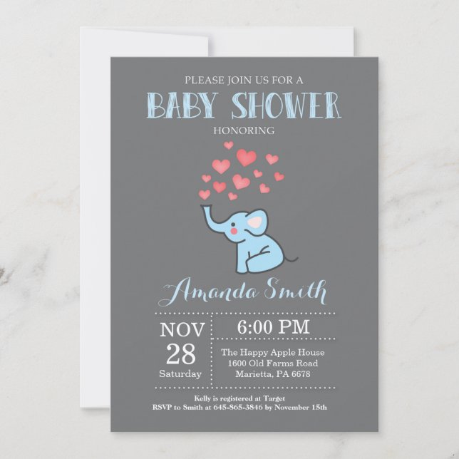 Elephant Baby Shower Invitation Blue and Grey Boy (Front)