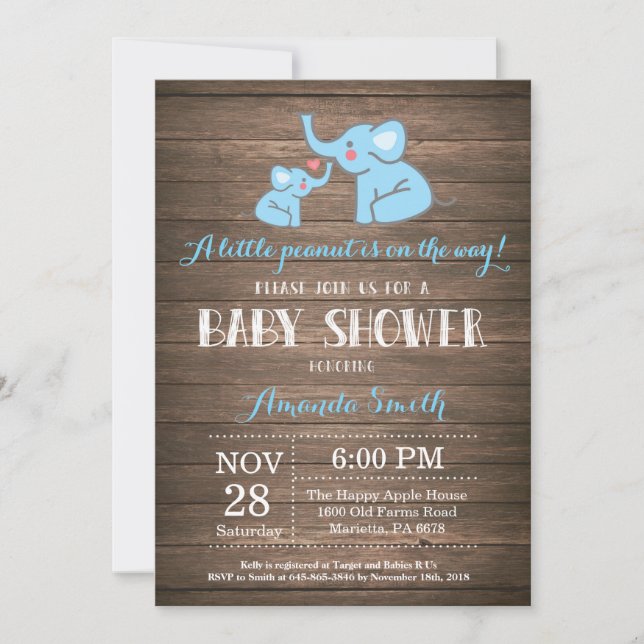 Elephant Baby Shower Invitation Blue Rustic (Front)