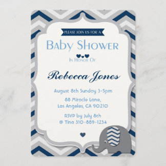 Elephant Baby Shower Invitation Boy Blue Chevron