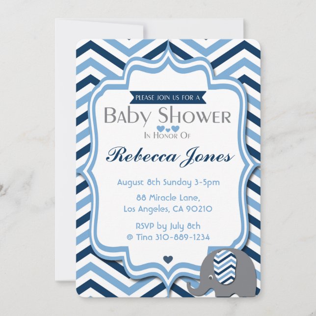 Elephant Baby Shower Invitation Boy Blue Chevron (Front)