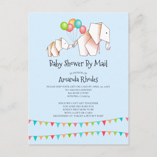 Elephant Baby Shower Invitation By Mail Blue (Front)