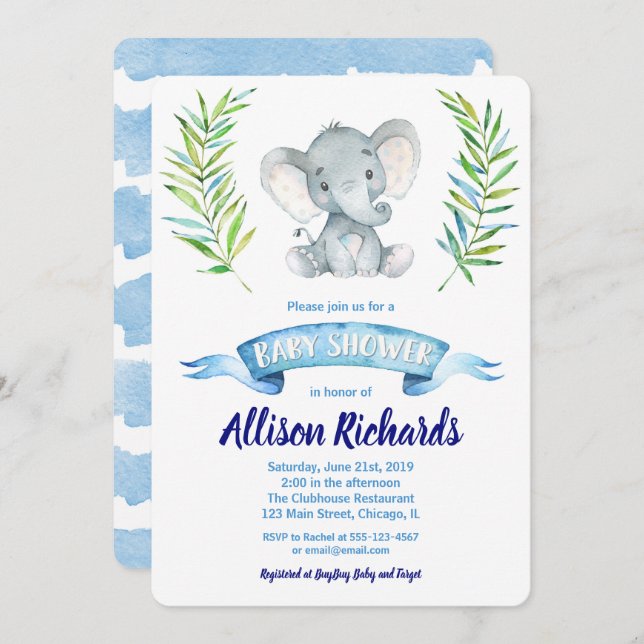Elephant baby shower invitation for boy watercolor (Front/Back)
