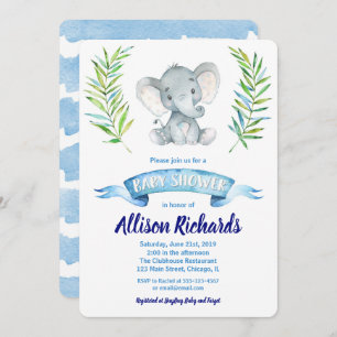Elephant baby shower invitation for boy watercolor