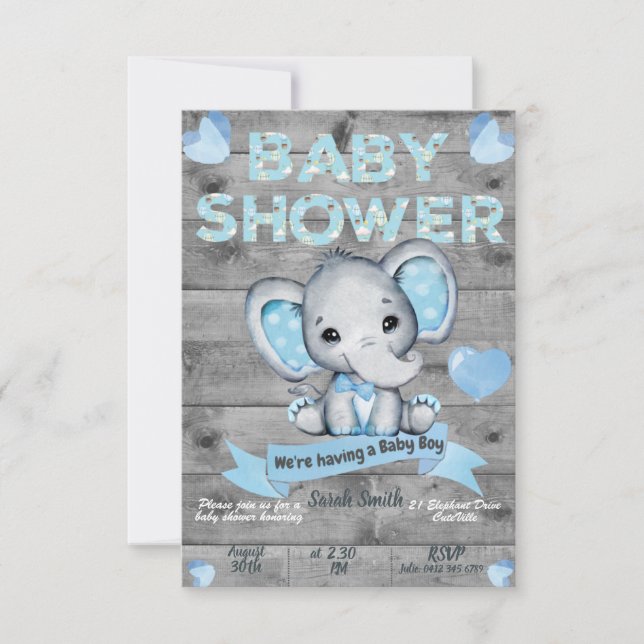 Elephant Baby Shower Invitation for boys Editable (Front)
