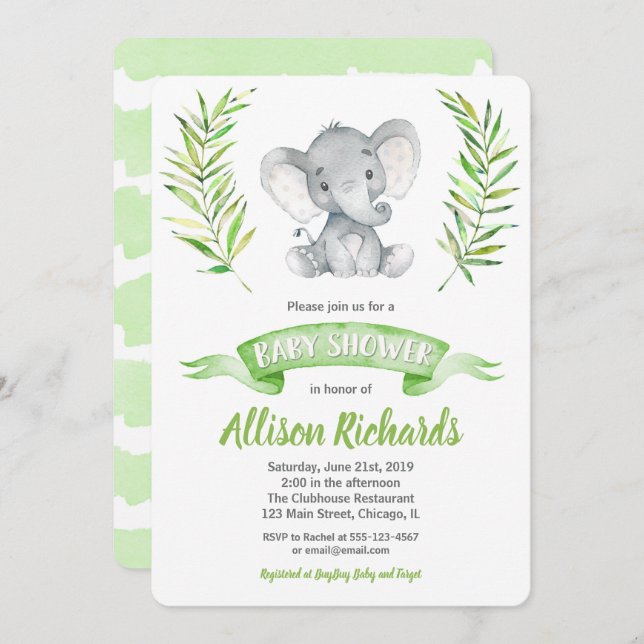 Elephant baby shower invitation gender neutral (Front/Back)