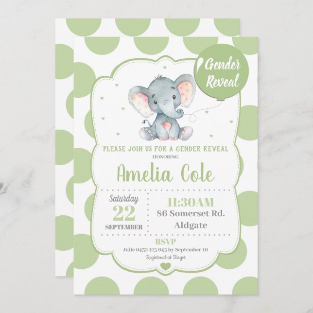 Elephant Baby Shower Invitation Gender Reveal (Front/Back)