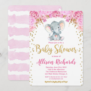 Elephant baby shower invitation girl pink gold