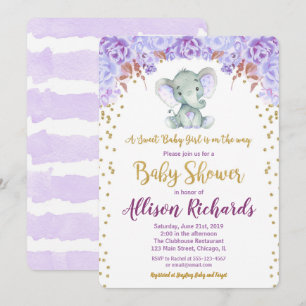 Elephant baby shower invitation girl purple gold