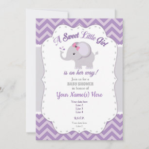 Elephant Baby Shower Invitation, Girl, Purple,Grey Invitation
