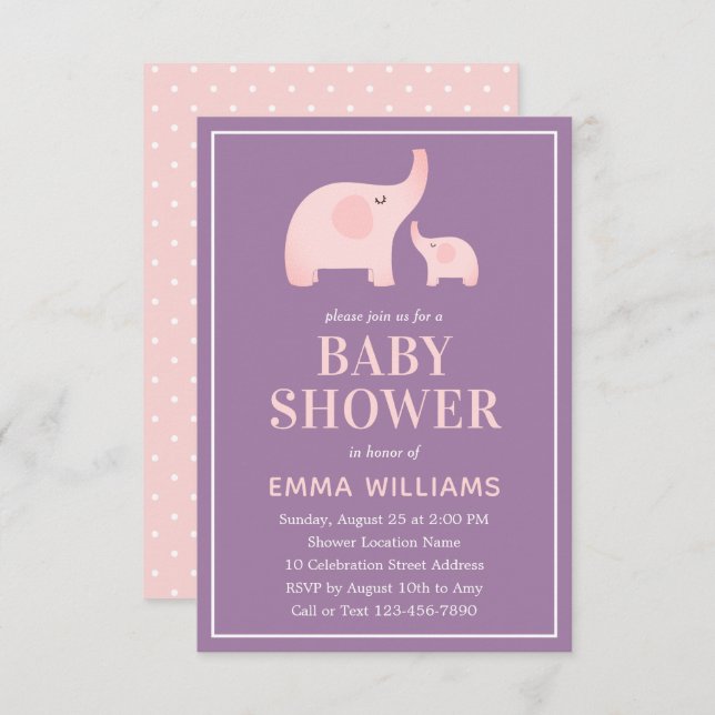 Elephant Baby Shower Invitation Girl - Purple Pink (Front/Back)