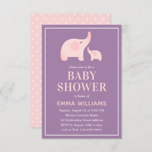 Elephant Baby Shower Invitation Girl - Purple Pink