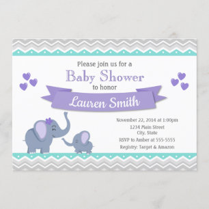 Elephant Baby Shower Invitation Girl Purple Teal