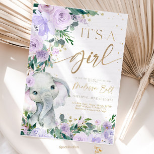 Elephant Baby Shower Invitation Girl, Safari Purpl