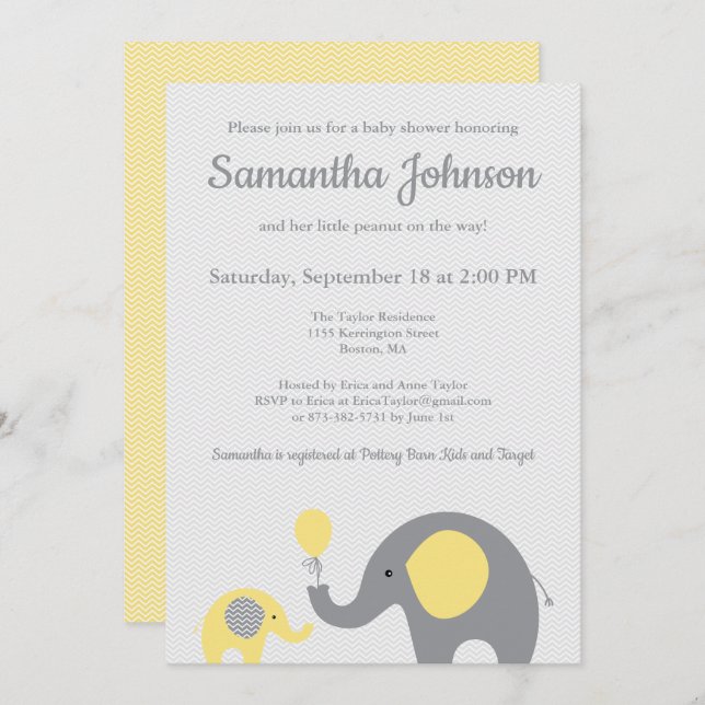 Elephant Baby Shower Invitation in Yellow and Grey (Front/Back)