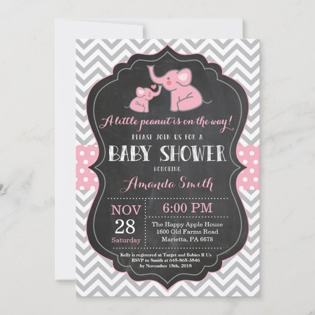 Elephant Baby Shower Invitation Pink and Grey (Front)