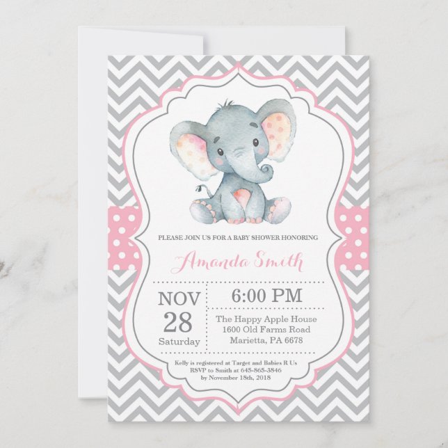 Elephant Baby Shower Invitation Pink and Grey (Front)