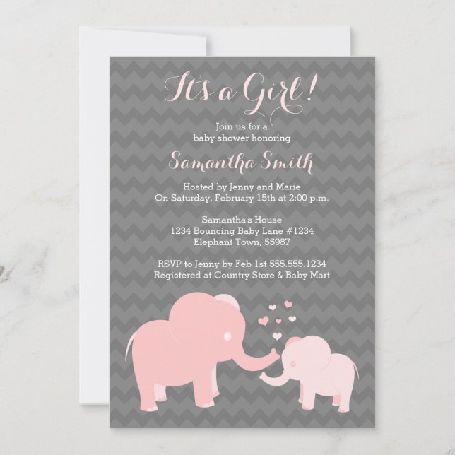Elephant Baby Shower Invitation Pink and Grey (Front)