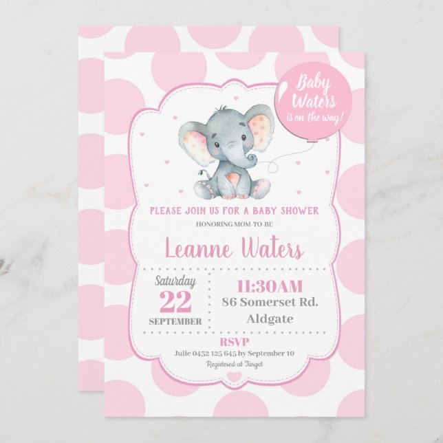 Elephant Baby Shower Invitation Pink Girl (Front/Back)