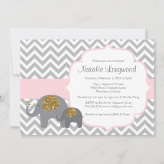 Elephant Baby Shower Invitation, pink gold glitter Invitation