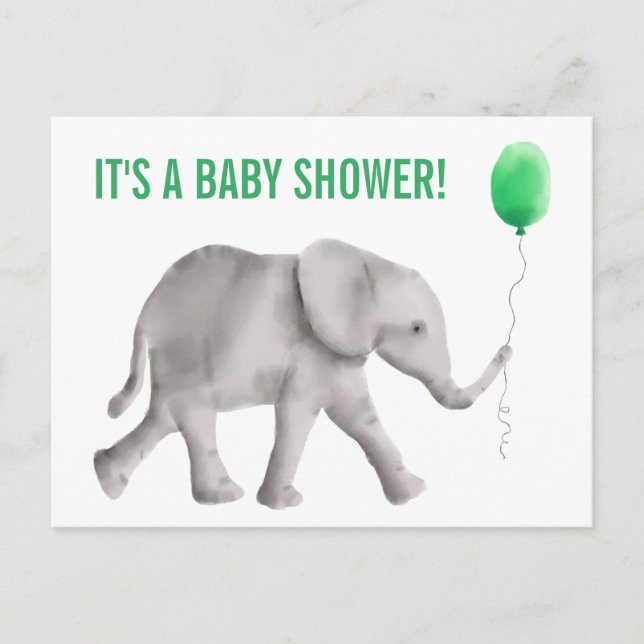 Elephant Baby Shower Invitation Postcard, Green Postcard (Front)