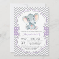 Elephant Baby Shower Invitation Purple and Grey