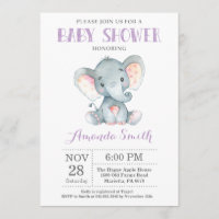 Elephant Baby Shower Invitation Purple and Grey