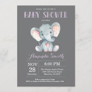 Elephant Baby Shower Invitation Purple and Grey