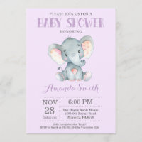 Elephant Baby Shower Invitation Purple and Grey