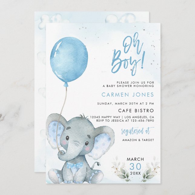 Elephant Baby Shower Invitation with Blue Balloon (Front/Back)