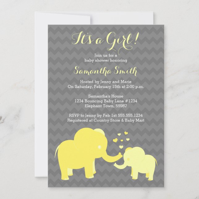 Elephant Baby Shower Invitation Yellow and Grey (Front)
