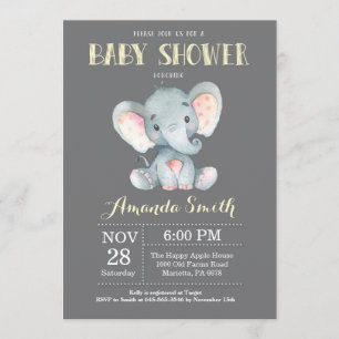 Elephant Baby Shower Invitation Yellow and Grey