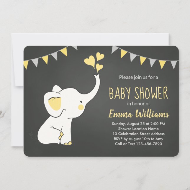 Elephant Baby Shower Invitation Yellow Grey Black (Front)