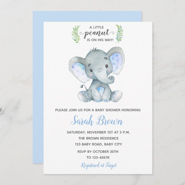 Elephant Baby Shower Invitations Boy Little Peanut (Front/Back)