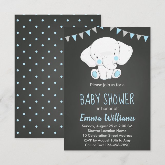 Elephant Baby Shower Invitations for Boy (Front/Back)