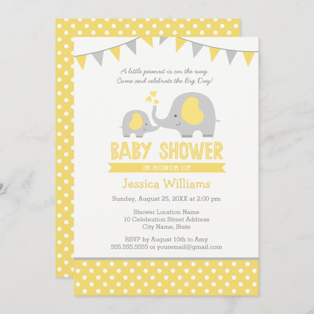 Elephant Baby Shower Invitations | Yellow and Grey (Front/Back)