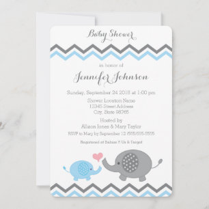 Elephant Baby Shower Invite   Blue Grey Chevron