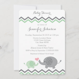 Elephant Baby Shower Invite Green Grey Chevron