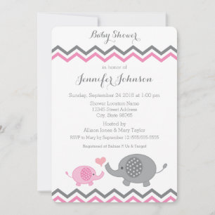 Elephant Baby Shower Invite   Pink Grey Chevron