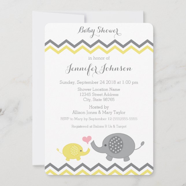 Elephant Baby Shower Invite | Yellow Grey Chevron (Front)