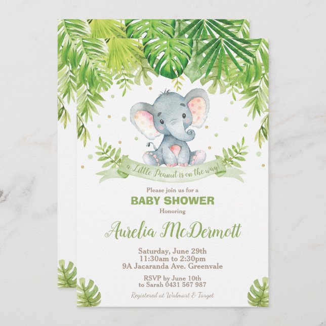 Elephant Baby Shower Jungle Animals Baby Boy Green Invitation (Front/Back)