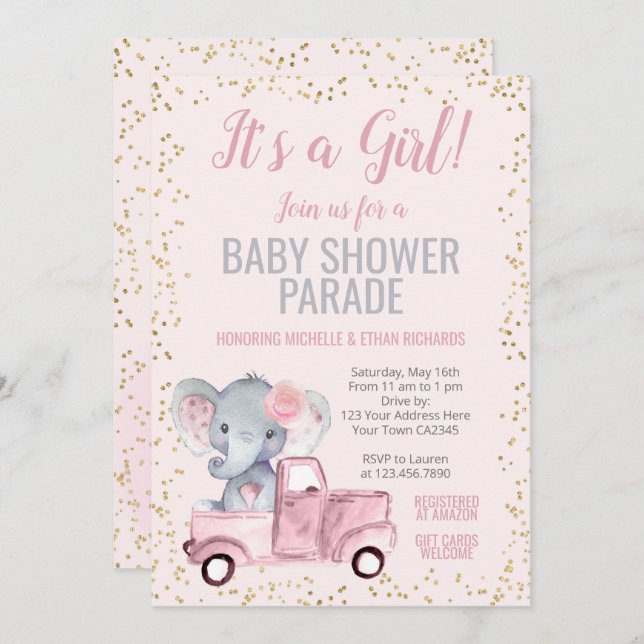 Elephant Baby Shower Parade Invitation (Front/Back)