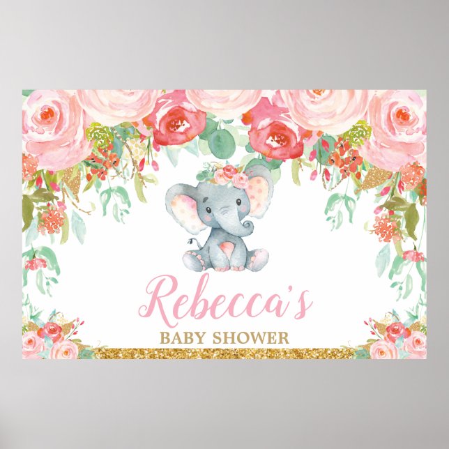 Elephant Baby Shower Party Backdrop Banner Girl Poster (Front)
